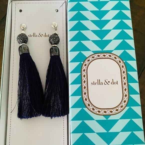 💜 Stella & Dot Earrings Trove Tassel Navy Blue - Picture 4 of 5